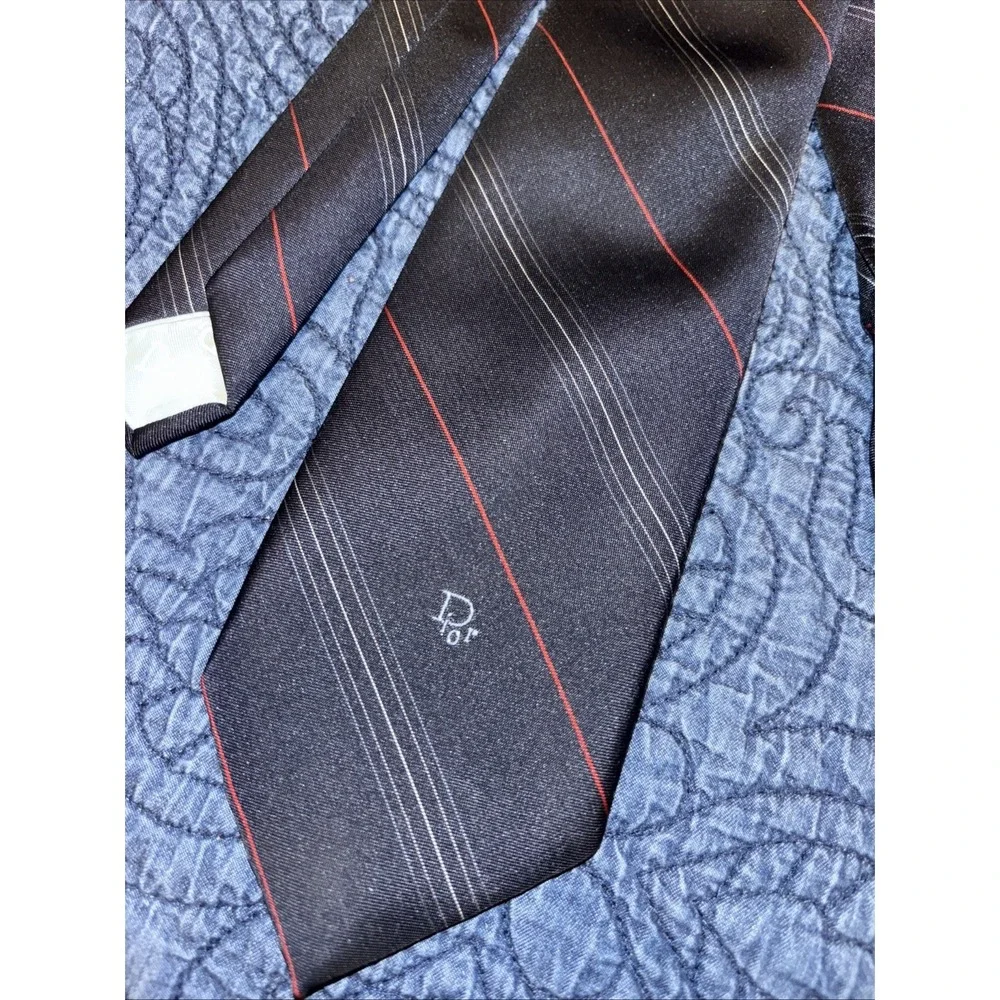 Vtg Christian Dior Striped Tie Logo Black Red Gray Italian Poly / Silk USA Made